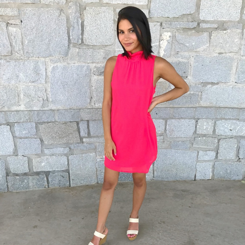 pink dress with buttons on neck